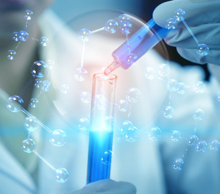 Scientist in lab coat and gloves using a pipette to add liquid to a test tube, with molecular structures overlay.