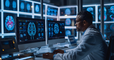 man focus of exploring medicine in a computer