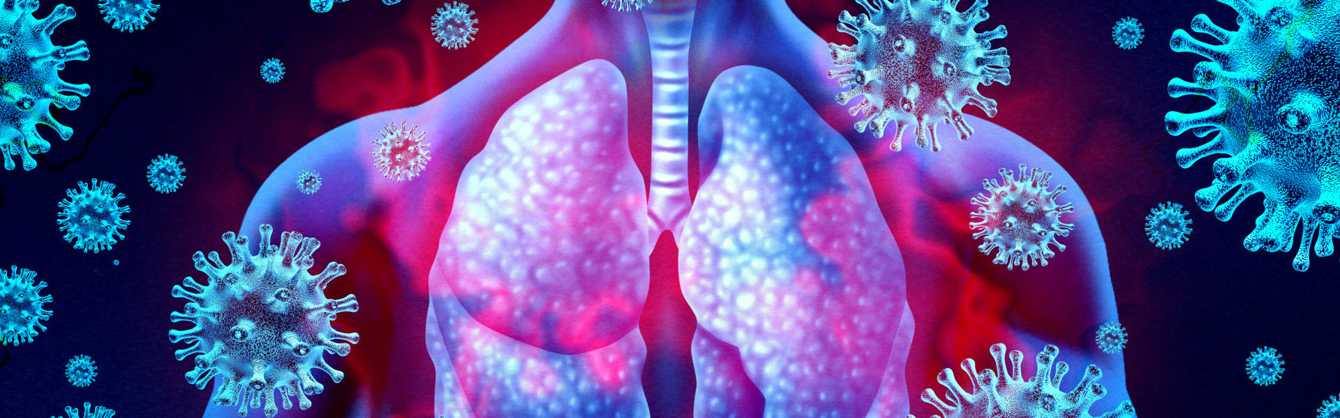 Illustration of a human respiratory system surrounded by blue virus particles, highlighting lung infection and disease.